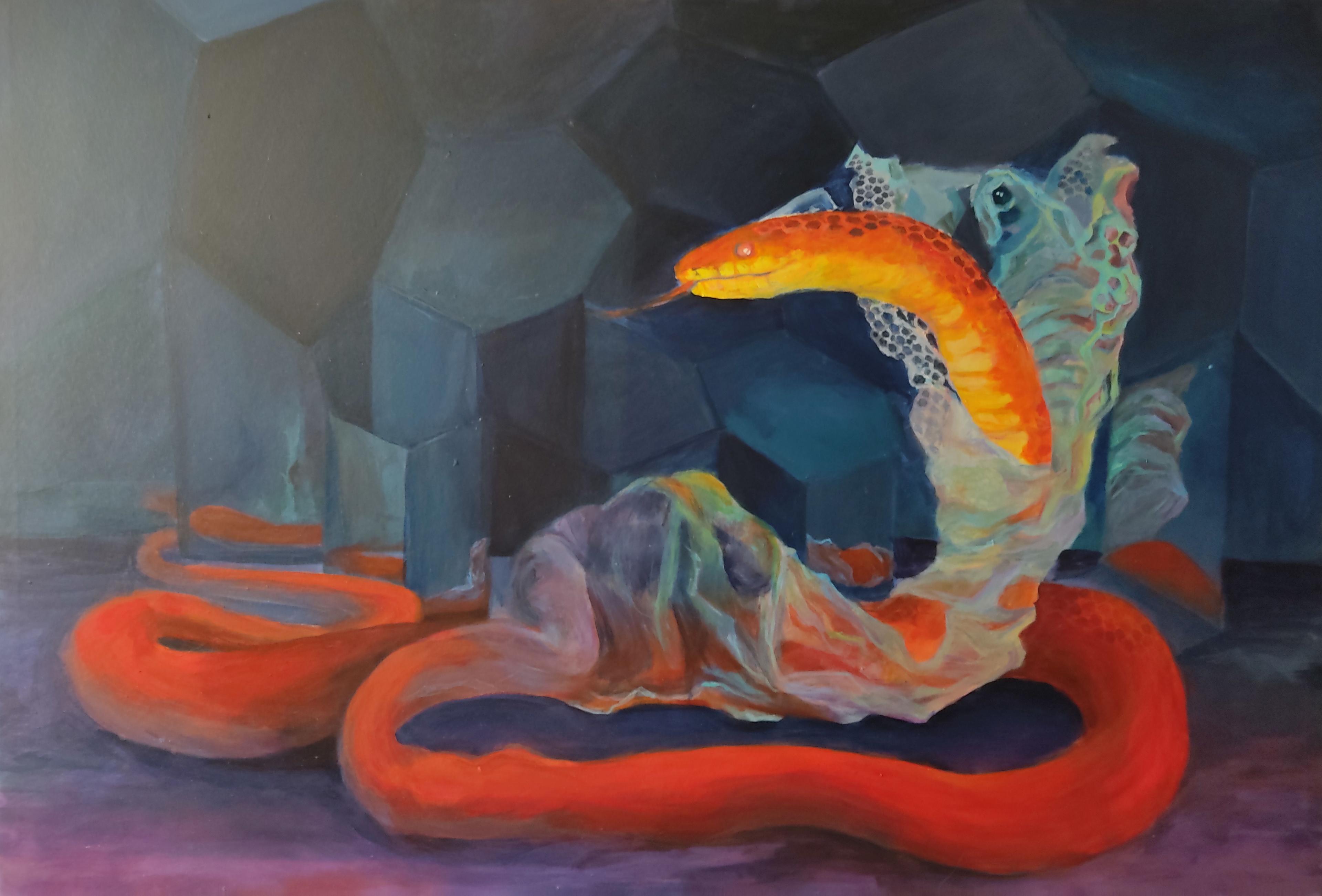 Vibrant Surreal Snake in Geometric Landscape Art Print - art (Painting) by Sara   Ghaderi